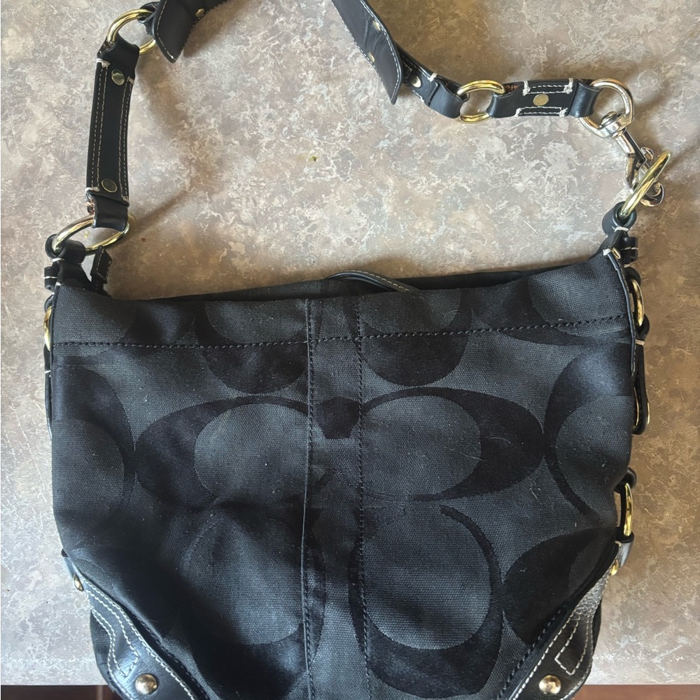Coach Black Signature Canvas Shoulder Bag with Chain Accent